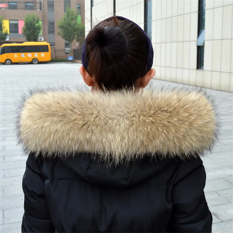 Роскошный натуральный мех енота воротник зимние теплые меховые шарфы для женщин парка пальто капюшон прямой енот меховой шарф шаль