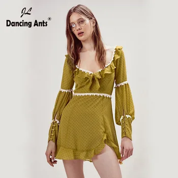 

Women Vintage Dress Asymmetrical Square Collar Long Puff Sleeve Slim Dresses Trend 2020 Female Wave Point Print Ruffles Dress