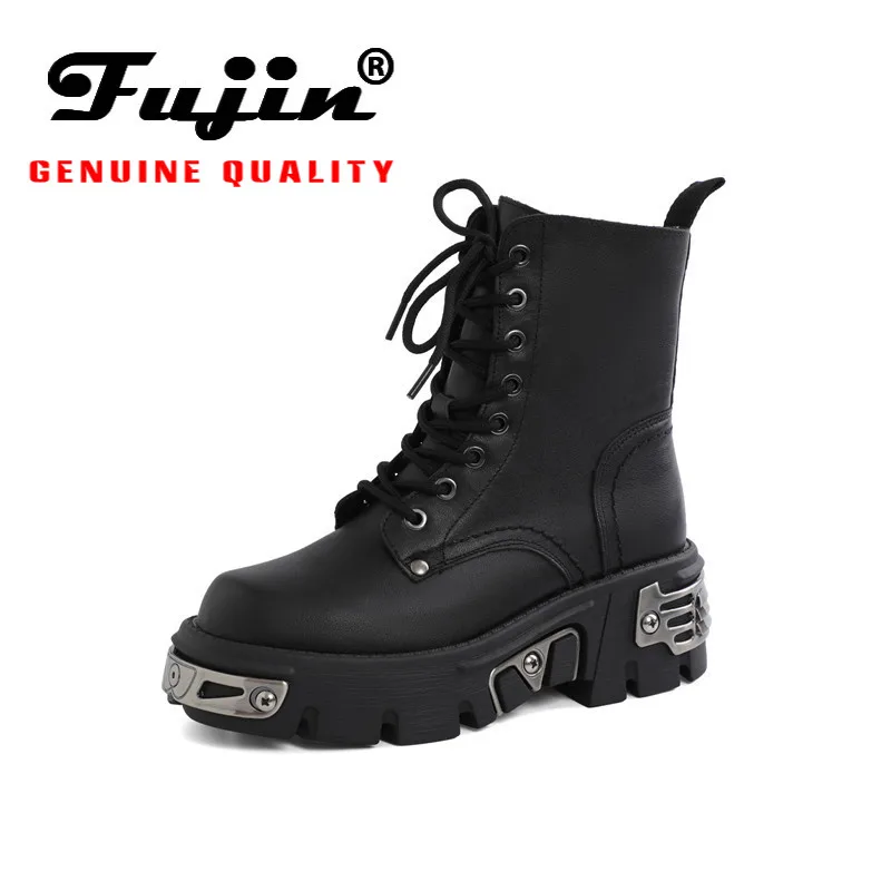 

Fujin Genuine Leather Women Boots Motorcycle Platform Punk Black Lace Up Winter Plush Booties Winter Boots Fashion for Women