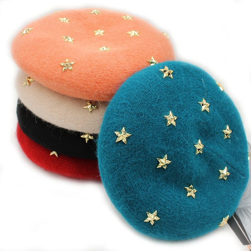 

[Rancyword] Fashion New Women Angora rabbit Solid Color Beret Female Bonnet Caps Winter All Matched Warm Walking Hat with stars
