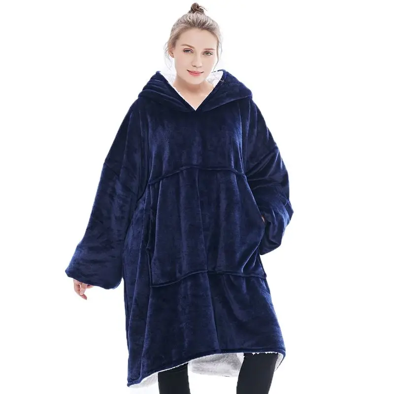 [Предложение ограничено по времени] зимнее плотное удобное одеяло, толстовка, однотонное теплое одеяло с капюшоном, унисекс, флисовое утяжеленное одеяло s - Цвет: Тёмно-синий