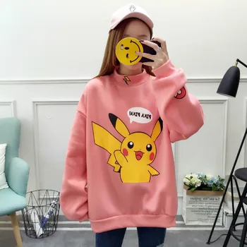 

WAMNI Women kawaii hoodie Turtleneck Pikachu Print Sweatshirts Harajuku Pokemon Kawaii Tops Cartoon ladies Couples Pullovers
