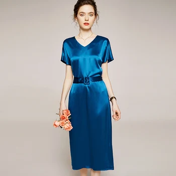 

2020 Summer Fashion Dresses Elegant V-neck Short Sleeve Solid Acetate Satin High Waist Sashes Split Women Long Party Dress