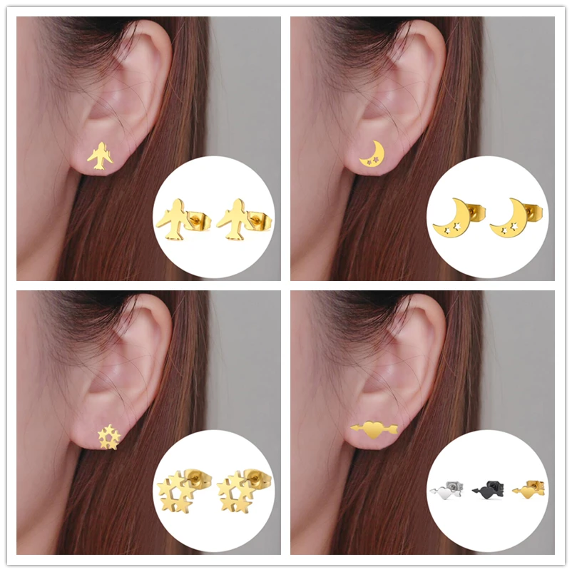 Oly2u смешной золотой цвет самолет серьги-гвоздики в форме серьги для женщин панк звезда Луна свадебные подружки невесты модные аксессуары