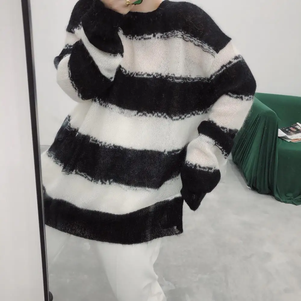 

fashion women striped hole casual sweater female mohair pullover ladies jumpers ddxgz2