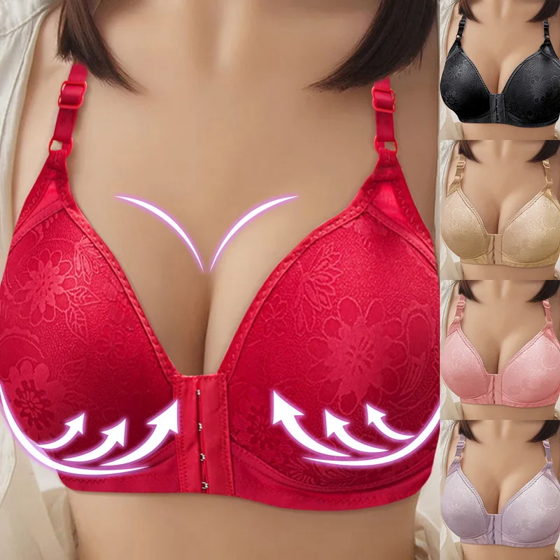 Large Size Women No Wire Push Up Bras Deep V Front Buckle Anti-Sag Underwear Wireless Bralette Brassiere Solid Gather Bras