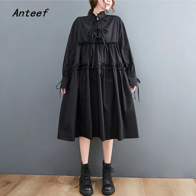 

Anteef long sleeve black cotton vintage dresses for women casual loose spring autumn dress elegant clothing 2022