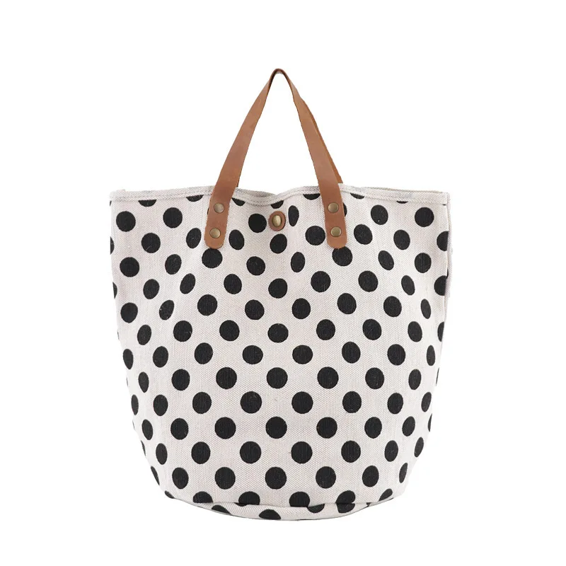

Ougger Large Women Handbag 2019 Summer Black Canvas Fresh Leisure Japan and Korean Style Dot Bucket Bag for Afternoon tea