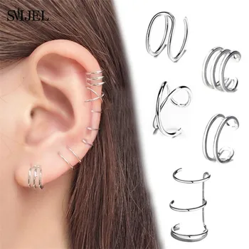 

SMJEL Punk Geometric Earrings for Women No Piercing Fake Cartilage Earrings Simple Cross Double Wrap Earing Jewelry Clip Orecchi