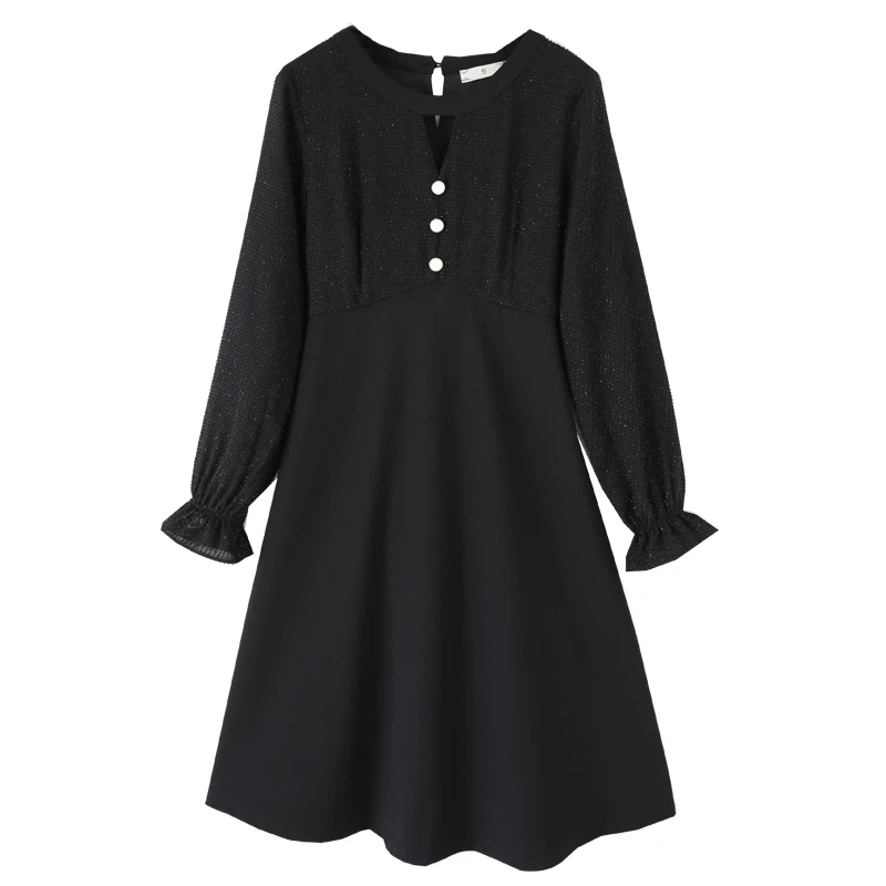 

Office Lady Black Women Dresses Long Sleeve A Line Hollow Out O Neck Button Dress Zipper Spring Autumn 2020 Vintage Plus Size
