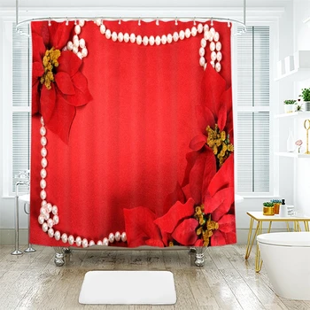 

3d Christmas Shower Curtains Red Flower and Pearl Necklace Pattern Waterproof Thickened Bath Curtains for Bathroom Customizable