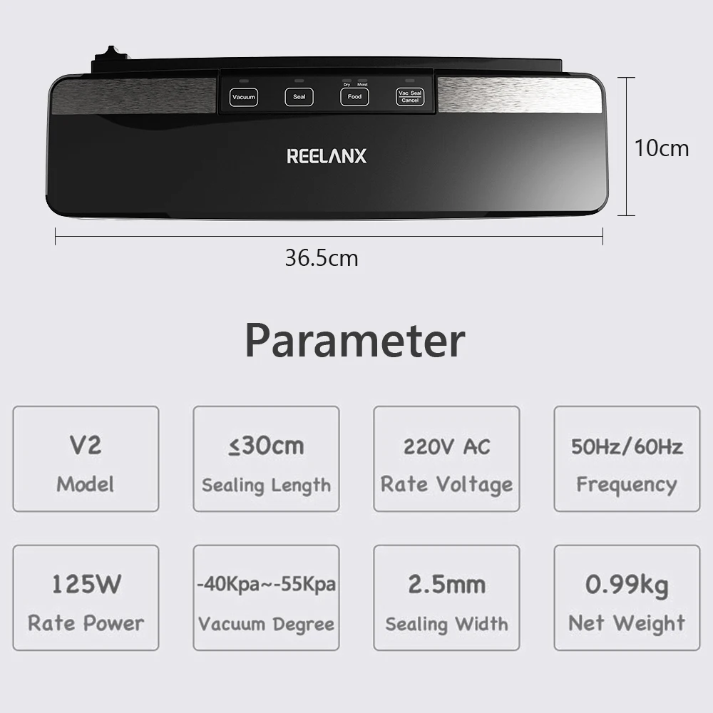 REELANX-진공 실러 V2 125W 내장 커터 자동 식품 포장 기계 10 개 무료 백, 주방용 최고의 진공 포장기