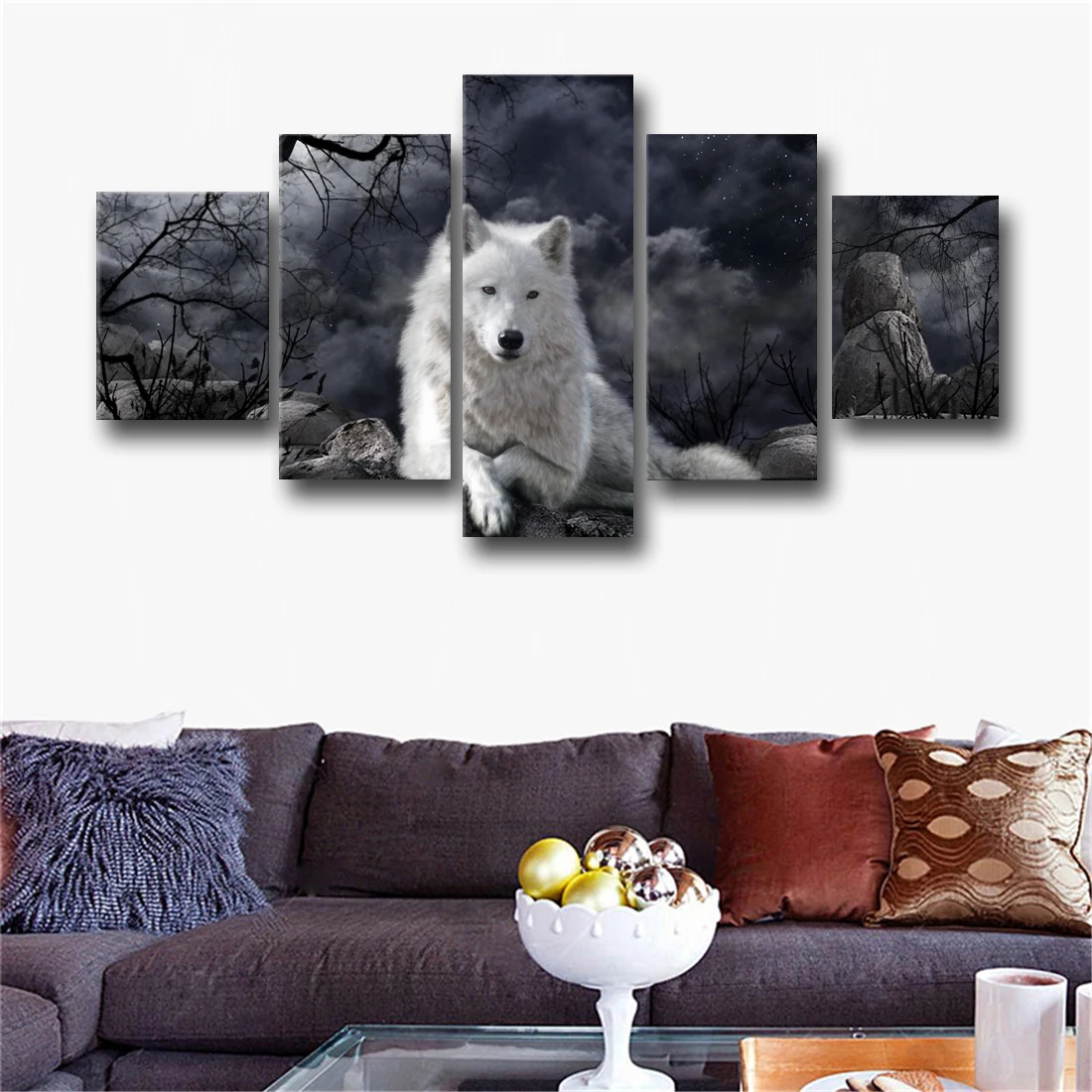 Frame Painting Wall Art Modular HD Printed 5 Panel Black And White Wolf Canvas Living Room Pictures Home Decor Modern Poster | Дом и сад