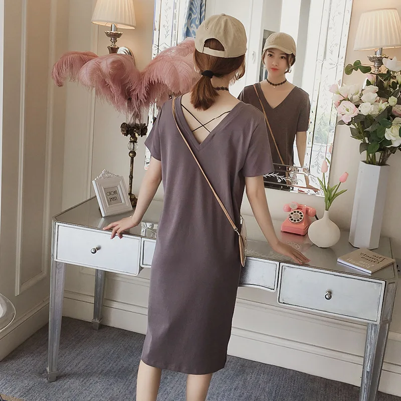 

Summer New Style Korean-style Solid Color V-neck Mid-length Short Sleeve Medium-length Dress Straight-Cut Short Sleeve Women's M