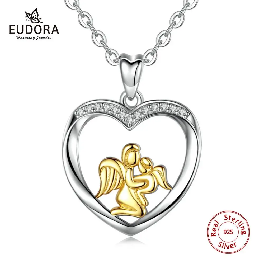 

Eudora 925 Sterling Silver Mother and Child Necklace Heart Pendant Gold angel mom Charm Jewelry for New Mom baby CYD053