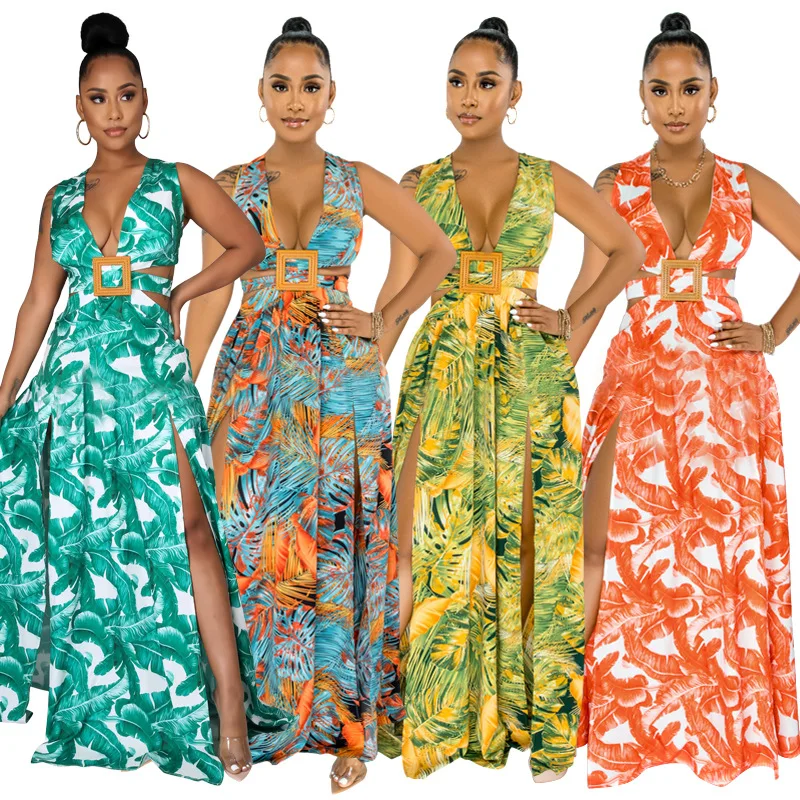 Floral Print Ankara Fashion Dresses For Women Spaghetti Strap Dress V