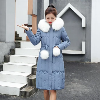 

Winter Women Jacket Over the Knee Long Section Slim Fashion Big Fur Collar Cotton Coat Hooded Warm Parka Outwear ZF10529