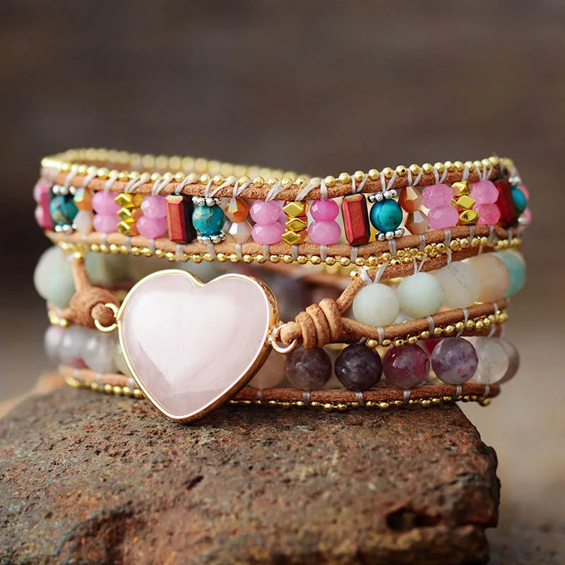 Romantic Pink Leather Wrap Bracelets Rose Quartzs Tourmaline Heart 3 Strands Cuff Bracelet Handmade Teengirls Jewelry Bijoux - Image 2