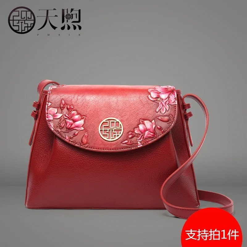 

Pmsix Genuine Leather Female Bag 2019 Big Capacity Printing Atmosphere Red Ethnic Group Wind Single Shoulder Diagonal Bag