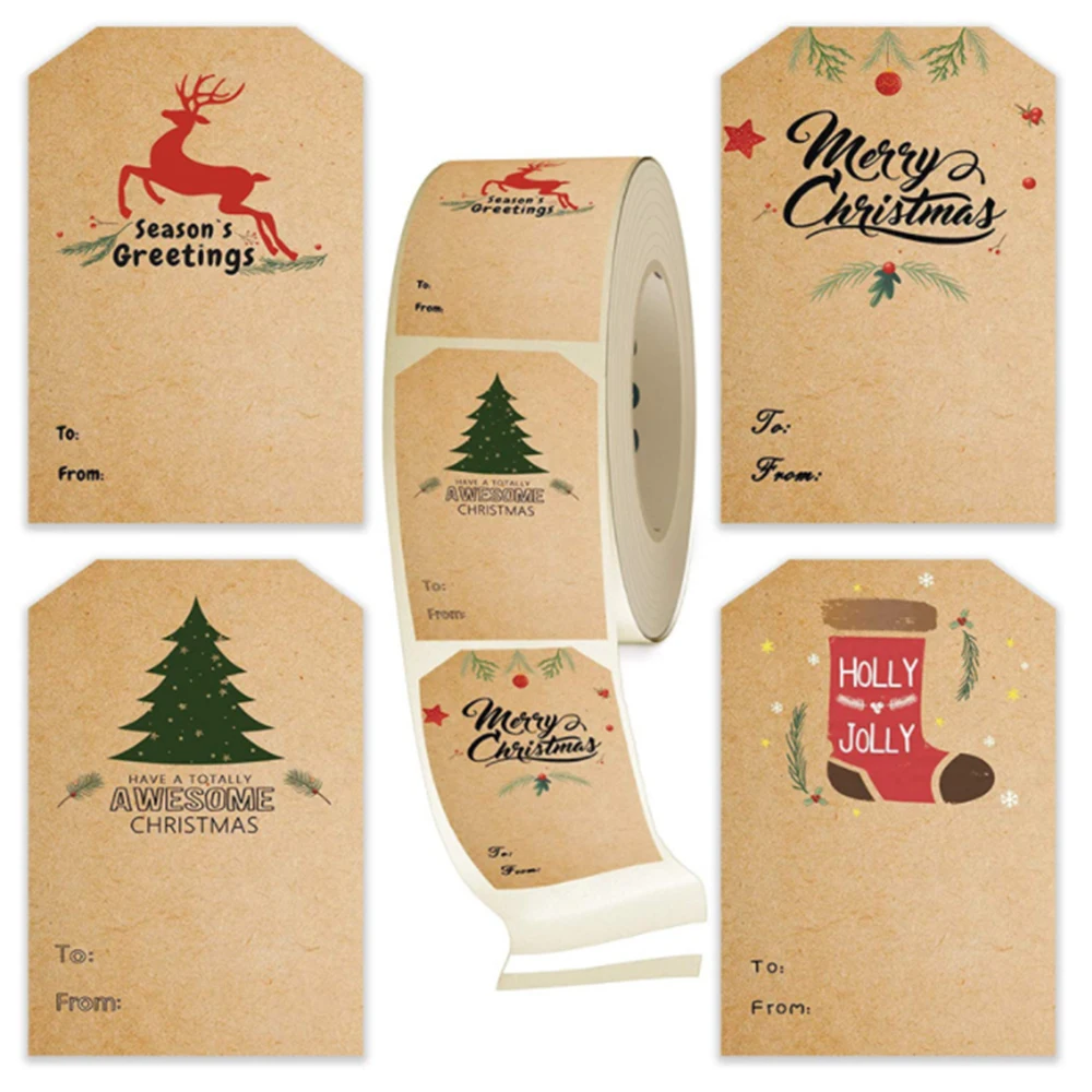 

300pcs/roll Christmas Present Tag Christmas Kraft Stickers Hand Written Christmas Tree Elk Label DIY Party Scrapbook Paper