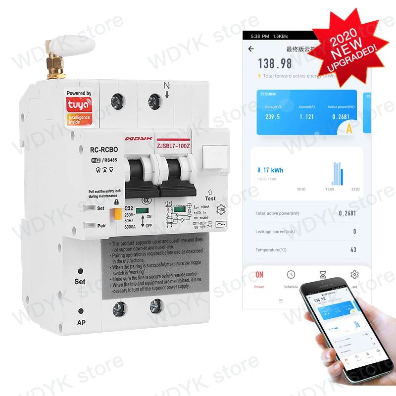 2P Tuya WIFI remote control leakage current protection circuit breaker energy monitoring with Alexa google home for Smart home