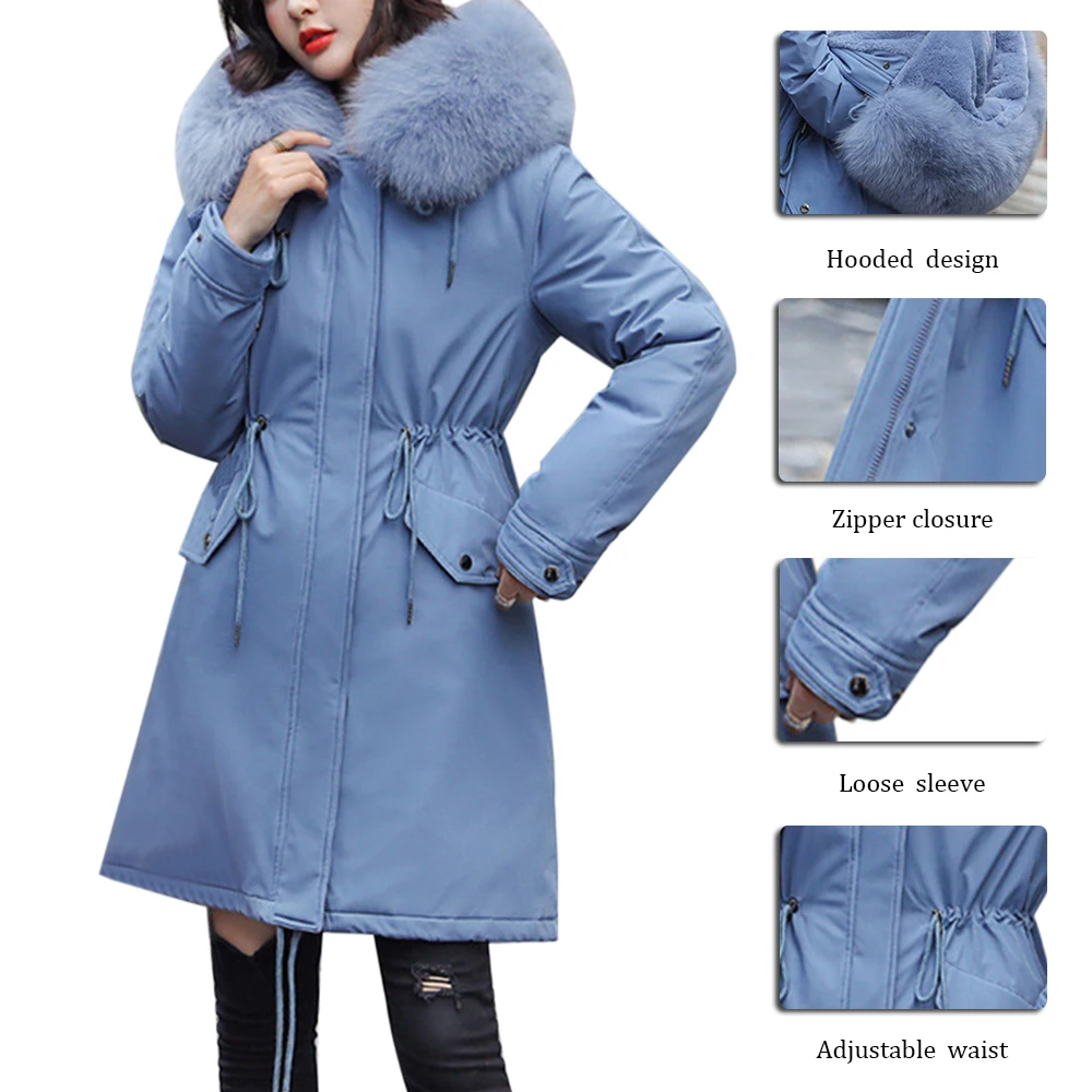Модное теплое пальто для женщин, водонепроницаемая куртка с хлопковой подкладкой, тонкое длинное пальто для женщин, Зимняя парка с большим меховым капюшоном размера плюс