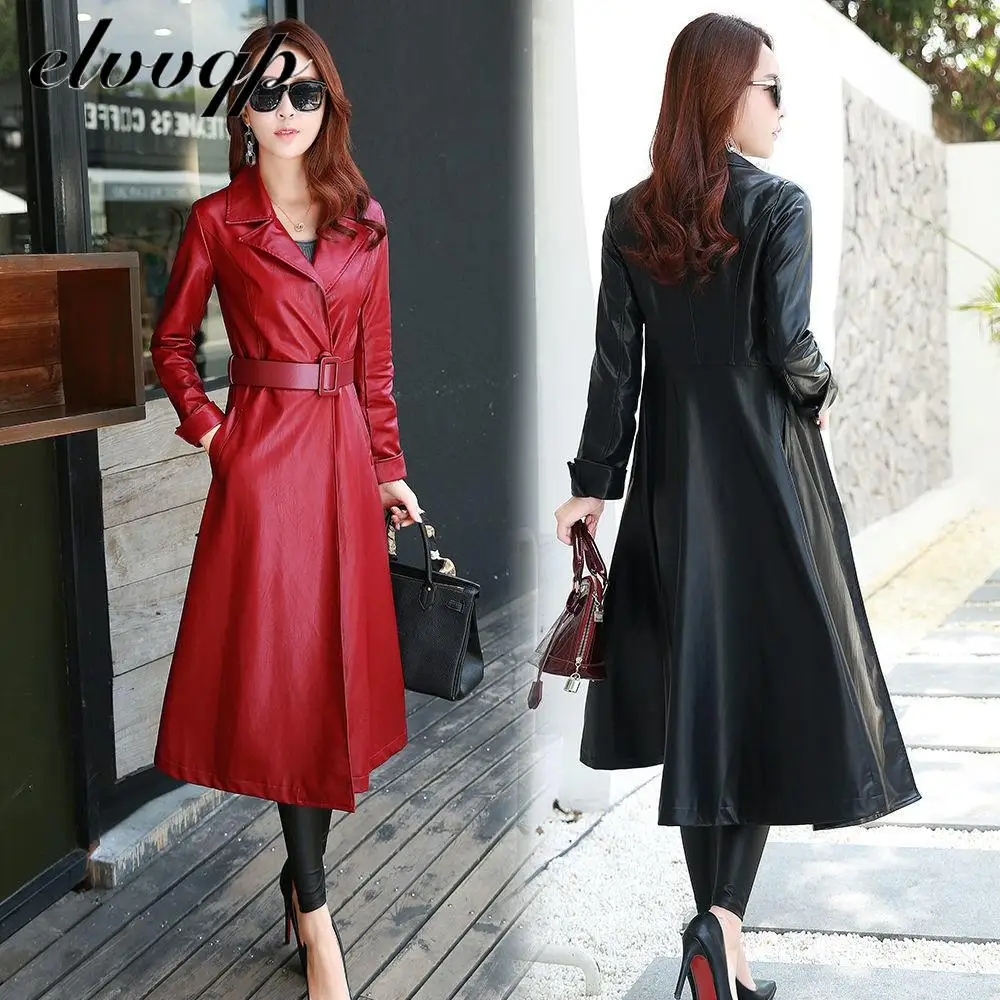 

2020 New Black And Red Color Women Jacket Long Elegant Spring Women Leather Coat Long Sleeve Waist Strap Pocket Female Jacket