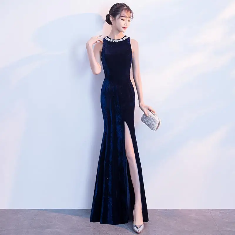 Велюровое женское платье Cheongsam Qipao с высоким разрезом сексуальное вечернее платье Холтер Стразы Vestidos с открытыми плечами элегантное платье макси - Цвет: Navy Blue