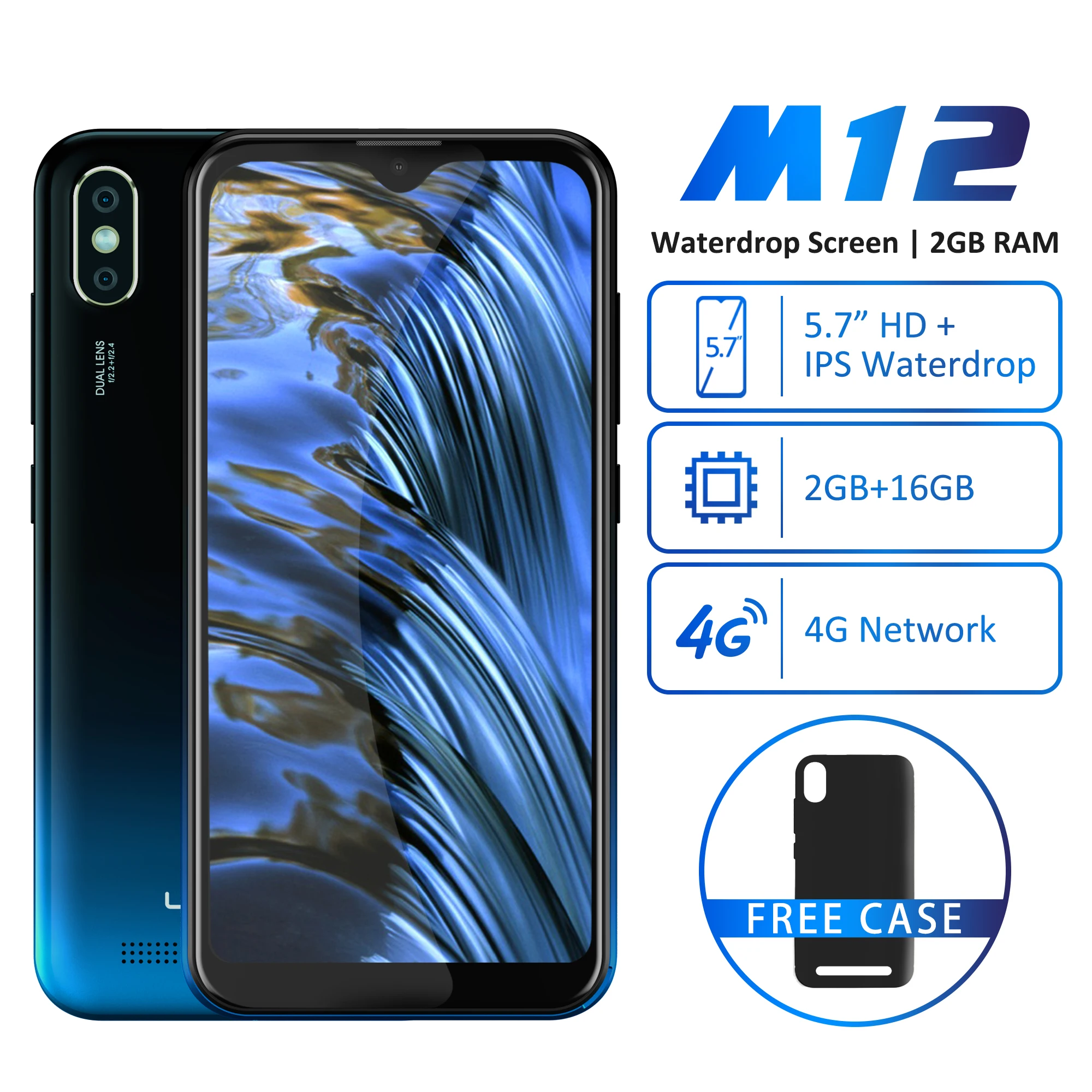 

LEAGOO M12 Mobile Phone 5.7" 19:9 HD+ IPS Waterdrop Screen Quad core 2GB RAM Android 9.0 3000mAh 8MP Dual Camera 4G Smartphone