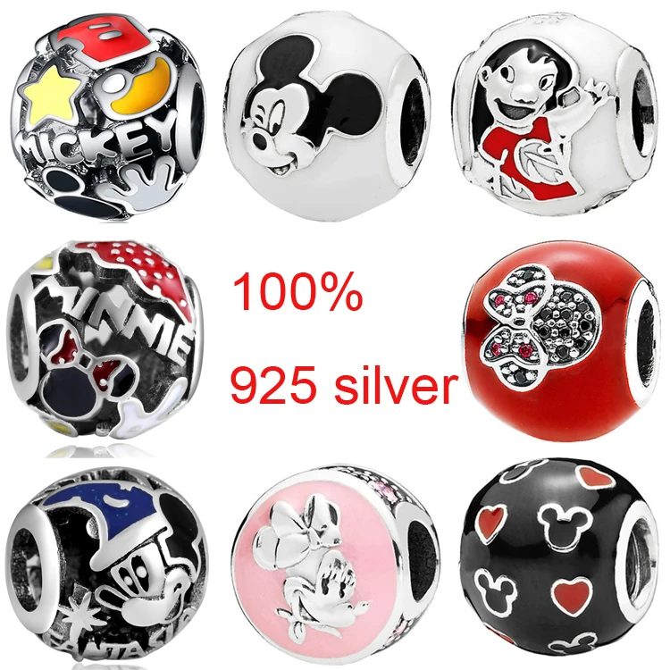 Эмалированные бусины с надписью «I Love Minnie& Mickey Hand», «Mous Love Heart», подходят для браслетов Pandora, серебро 925 пробы, ювелирные изделия DIY