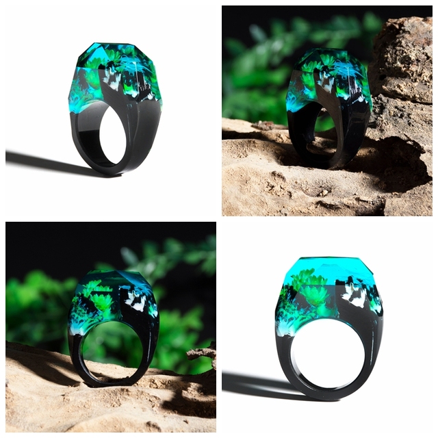 Fashion Wood Resin Ring Female Forest Handmade Rainbow Star Secret Sky Micro Landscape Wooden Ring High Quality Jewelry