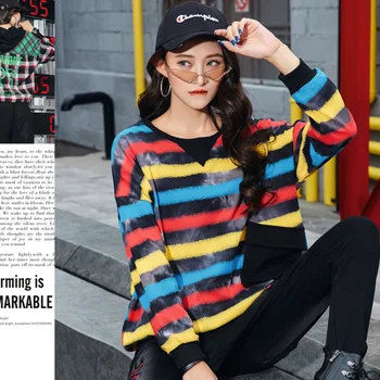 

2020 Autumn Winter New Style Rainbow Printed Pocket Loose Casual Long Sleeve Round Neck Pullover Tops Plus Size Fashion Tide