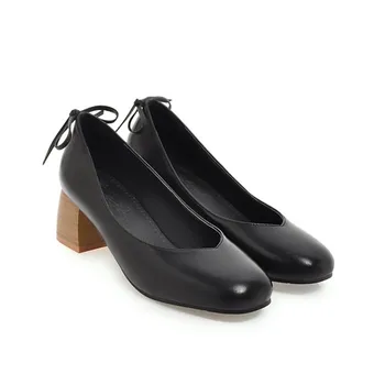

Big Size Square head lace up bow decoration shoes ladies high heels women shoes woman pumps