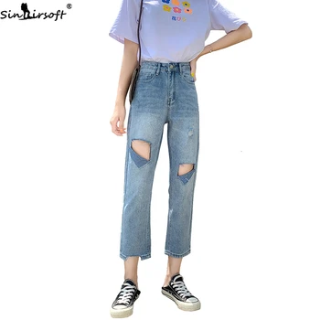 

Autumn New Large Size High Waist Straight Jeans Women's Cotton Soft Loose Hole Thin Section Trend Casual Denim Trousers Women