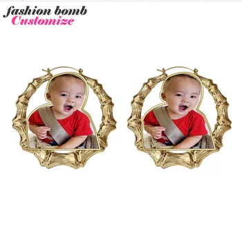 

Personalized 16k real gold plating bamboo Earrings Custom name hoops photo Designed earrings Jewelry c2