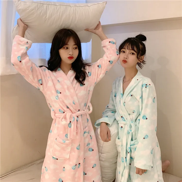 

2020 Robe Winter Thick Warm Female Bathrobe Flannel Robe Pink Kimono Cute Nightgown Print Night Dress Casual Korean Sleepwear
