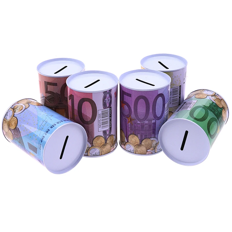 

Creative Euro Dollar Metal Cylinder Piggy Bank Saving Money Box Home Decoration