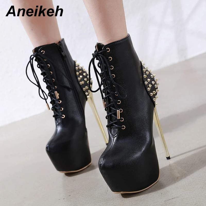 

Aneikeh Fashion PU Rivets Platforms Ankle Boots High Heels Women Spring/Autumn Sexy Motorcycle Booties Pointed Toe Women Pumps