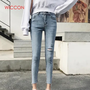 

New Fashion Skinny Denim Pencil Jeans Women Elastic High Waist Trousers Blue Stretch Hole Light Washed Jeans Female