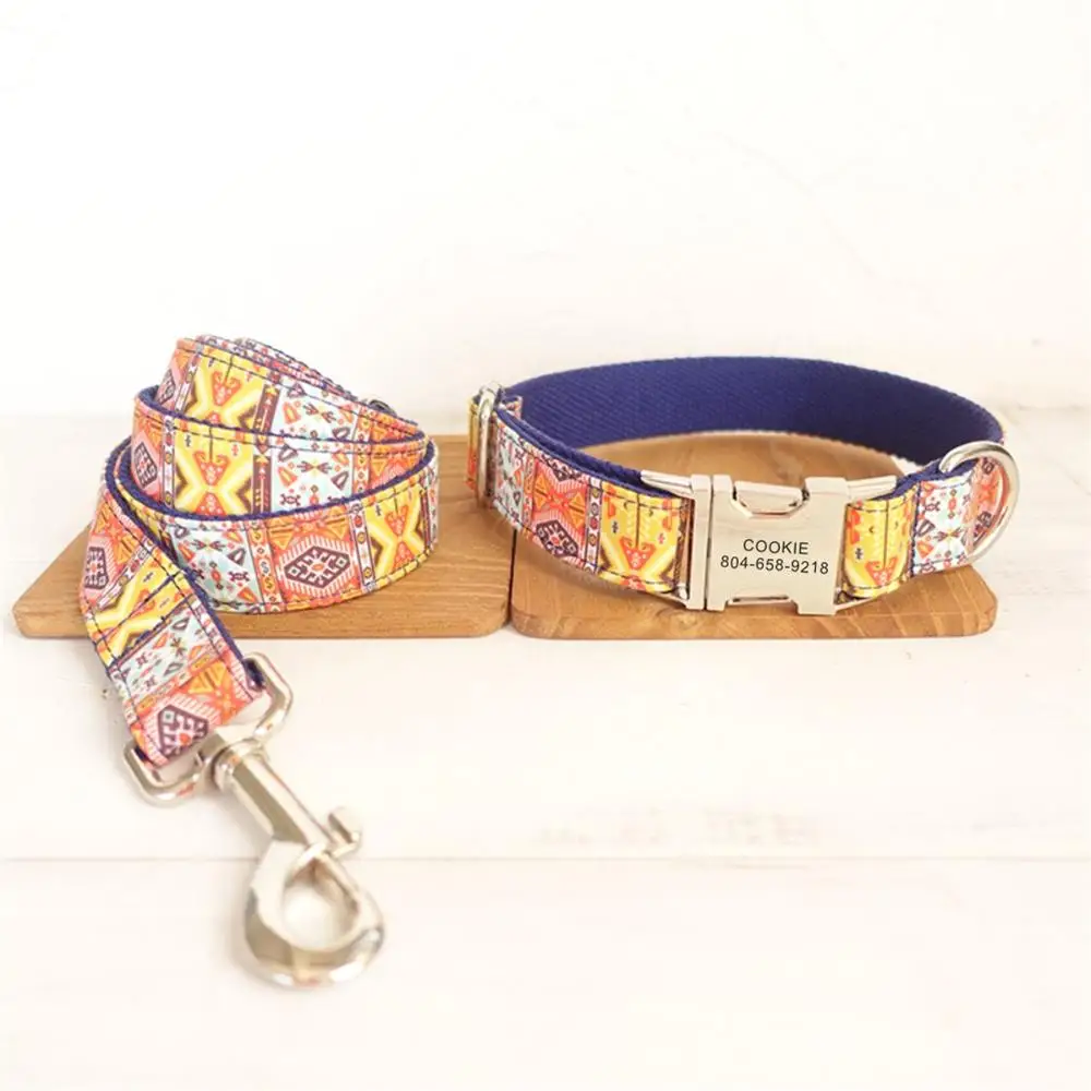 Personalized Pet Collar Customized Nameplate ID Tag Adjustable Soft Dark Blue Bohemia Cat Dog Collars Lead Leash Set | Дом и сад