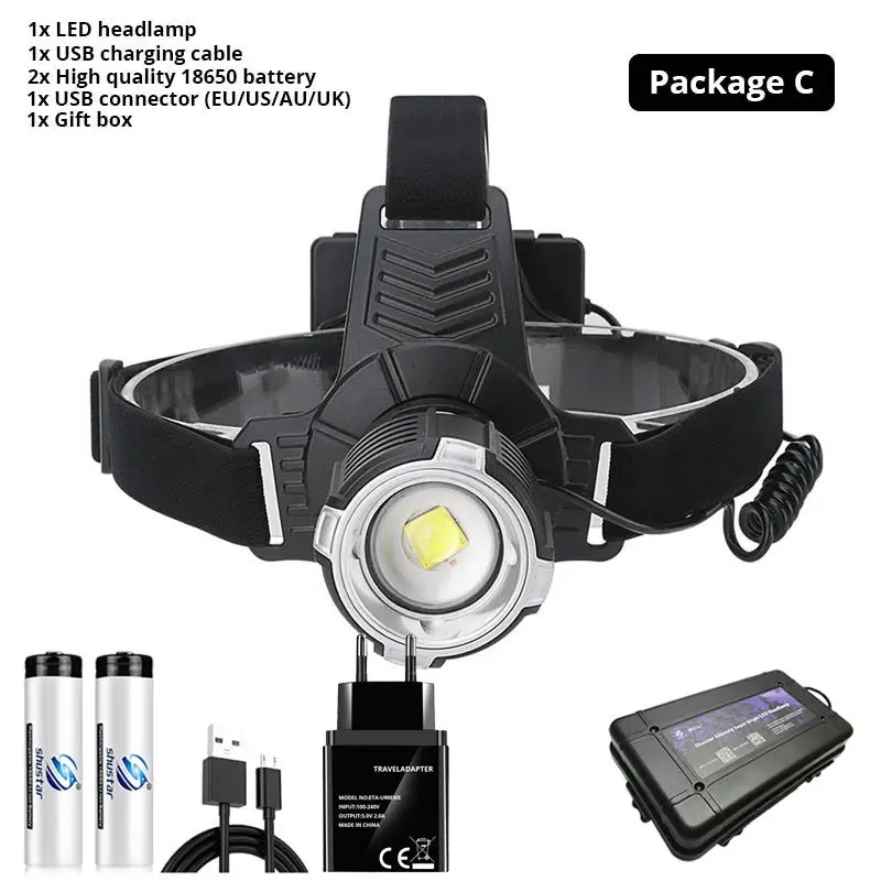 Package C Супер яркий светодиодный головной фонарь с P70.2 фитиль USB Перезаряжаемый головной светильник водонепроницаемый зум рыболовный светильник 3 режима питание 18650 - Испускаемый цвет: Package C