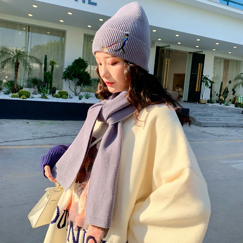 light purple set Женская зимняя вязаная шапка skullies beanies, брендовая Высококачественная Женская вязанные шарф и шапка - Цвет: light purple set
