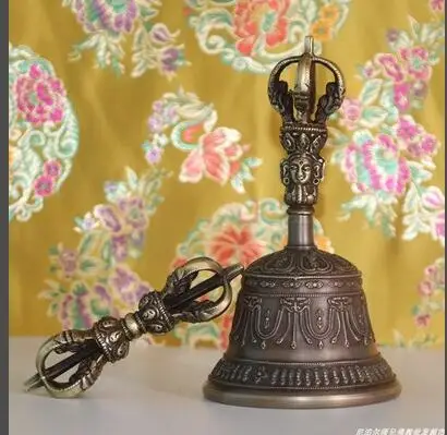 antique Tibet Silver plated bronze Green Tara Buddha head exorcism Vajra Bell Diamond bell pestle set wholesale Decoration | Дом и сад