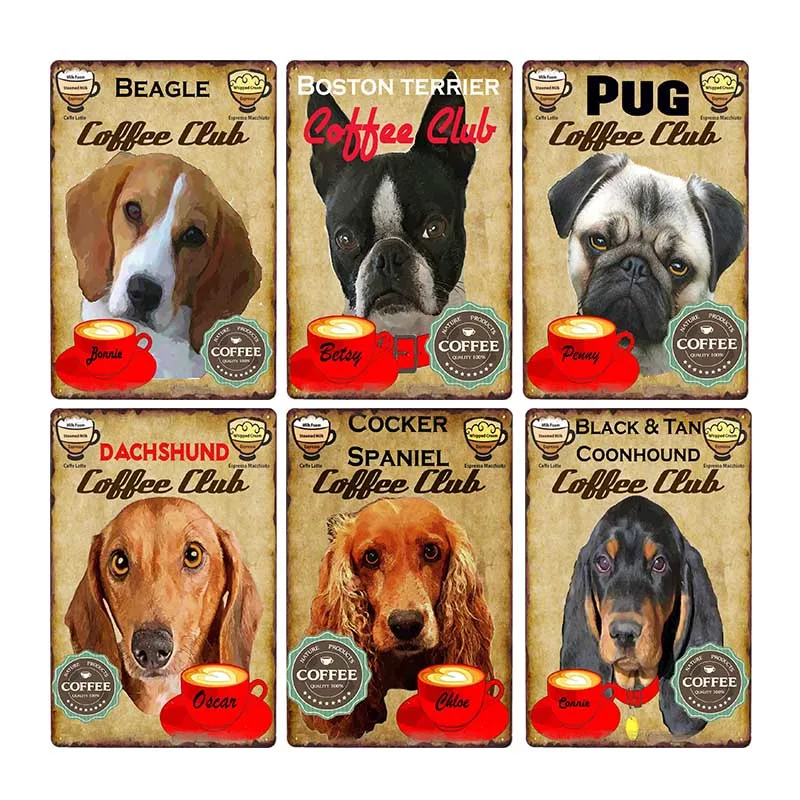 

Cute Famous Pets Dog Portrait Tin Sign Art Painting Metal Plaques Home Decoration Coffee Pet Shop Craft Sign Retro Tin Poster