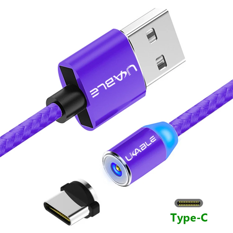 Blue Type C 1 м Магнитный кабель Micro USB с нейлоновой оплеткой светодиодный кабель для быстрой зарядки type-C для iPhone 7 8 X XS 11 samsung S8 9 Android Mobile - Цвет: Blue Type C