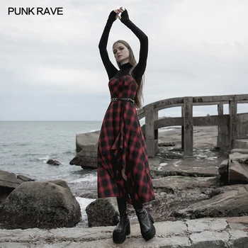 

PUNK RAVE Women's Punk Plaid Irregular High Slit Flounces Slip Long Dress Elegant Sexy Club Sleeveless Sling Dress