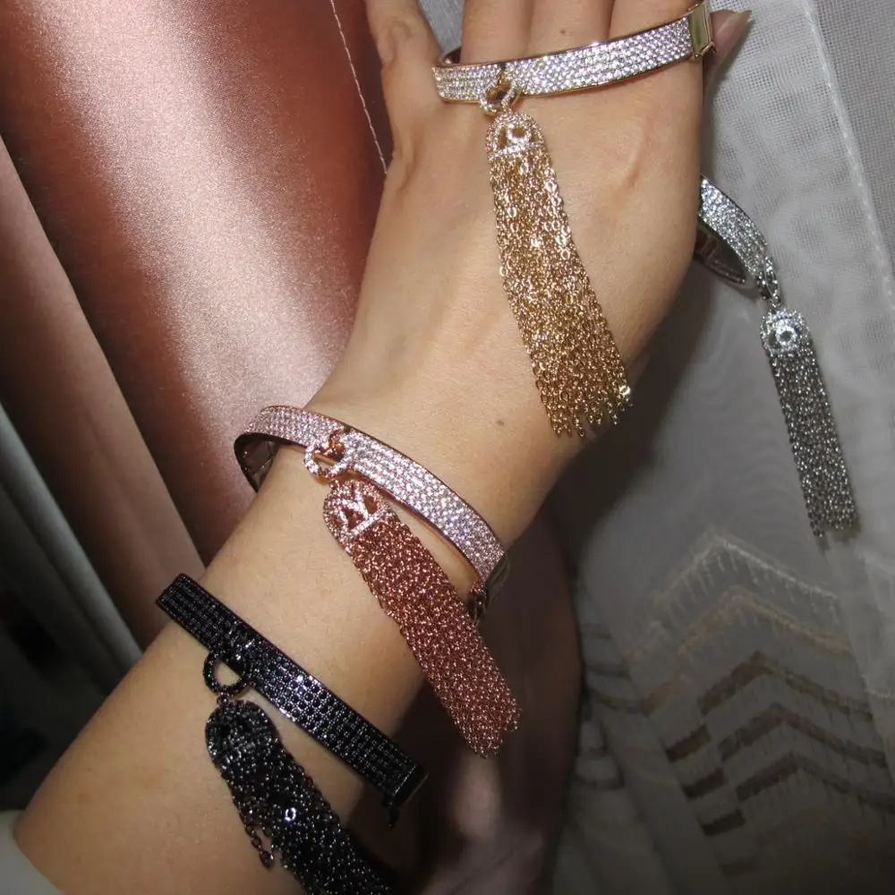 

Promotion hot Sale Cubic Zircon stone long tassel charm bracelet bangle designer black party jewelry for women