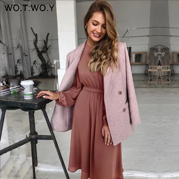 

WOTWOY Office Lady Long Sleeves Dress Women 2020 Elegant Sashes Button Lady's Dress Mid-Calf Length Woman Dress Spring Summer