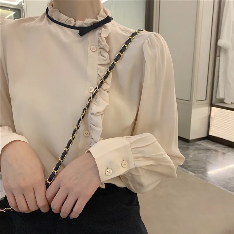 Mujer de moda/рубашки на пуговицах с длинными рукавами и рюшами; однотонная женская одежда в консервативном стиле; Осенние Топы и блузки в Корейском стиле