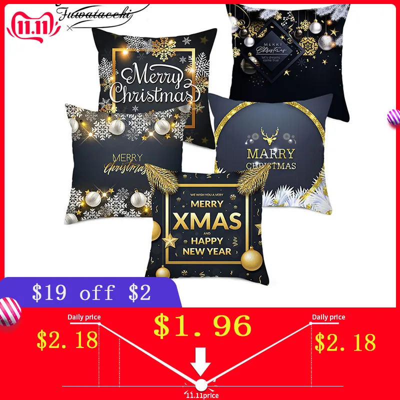 

Fuwatacchi Merry Christmas Letters Cushion Cover Black Snowflake Decorative Pillows Cover for Home Sofa Throw Pillowcase 45*45cm